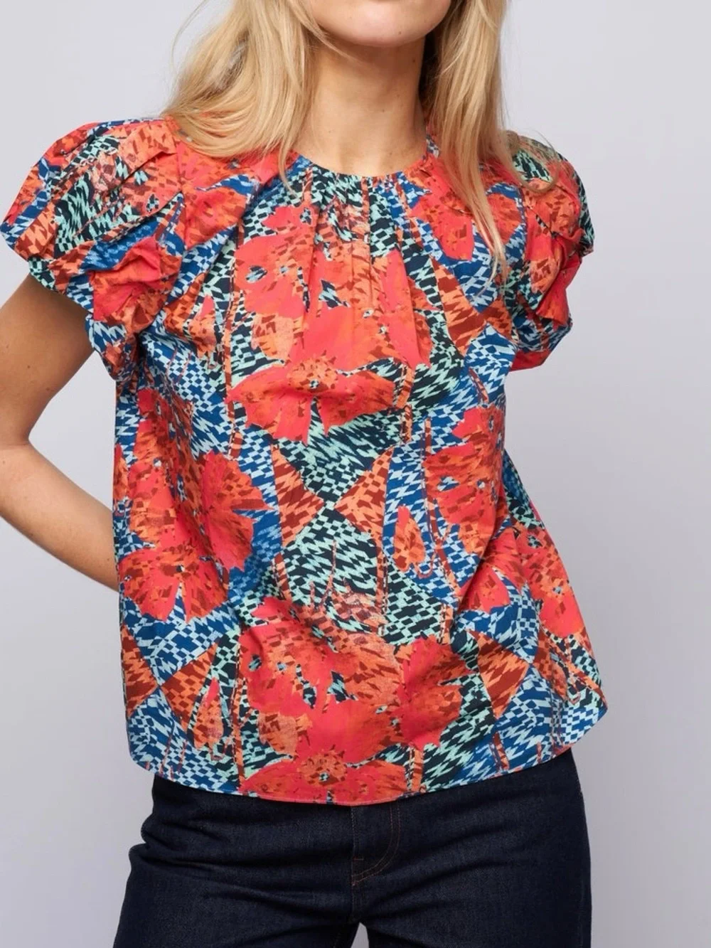 Ulla Johnson Iren Orange & Blue Cotton Puff Sleeve Blouse Top Size 0